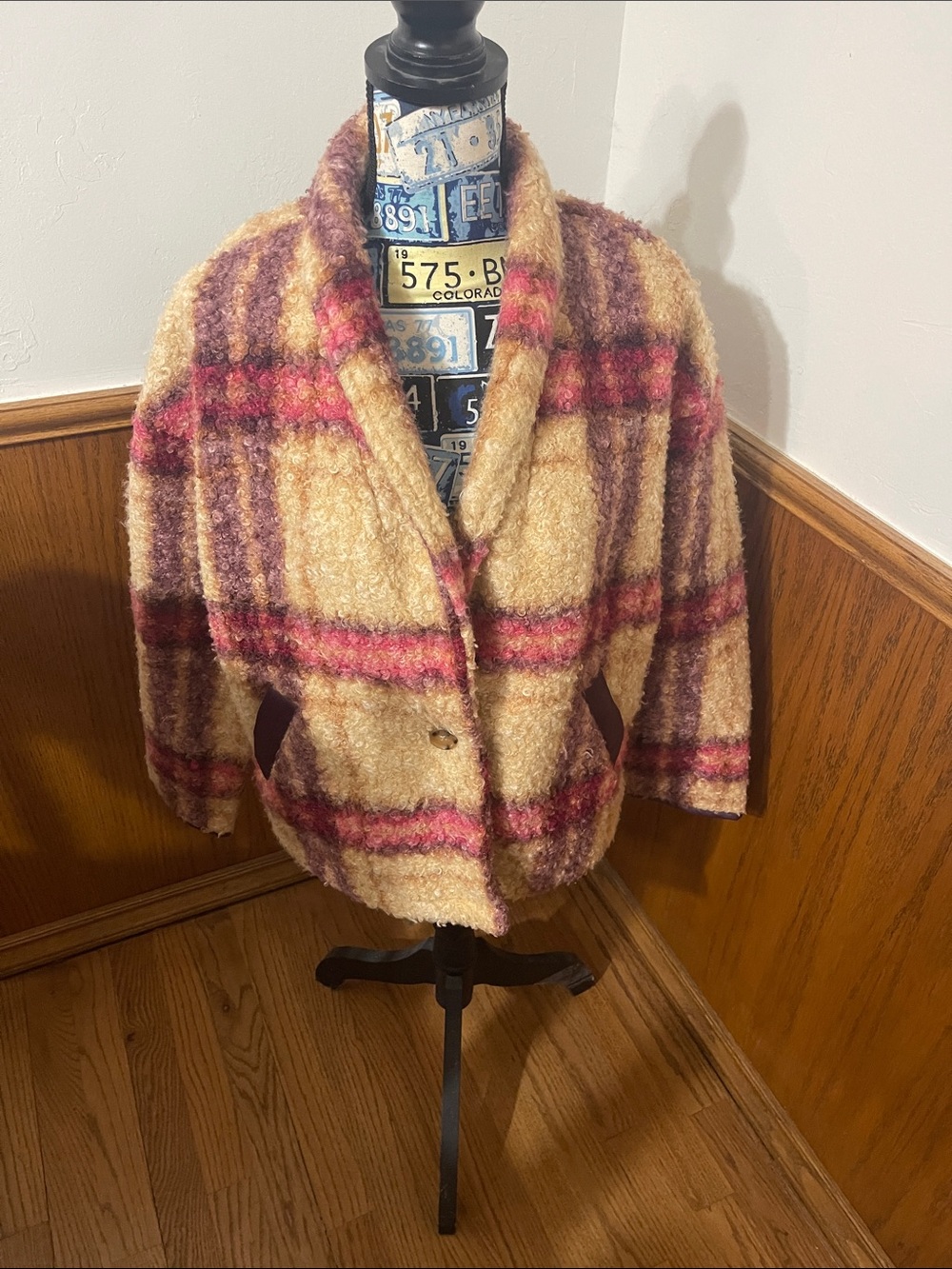 Knox Rose Cream Plaid Teddy Jacket with Pink & Brown Stripes and Pockets
